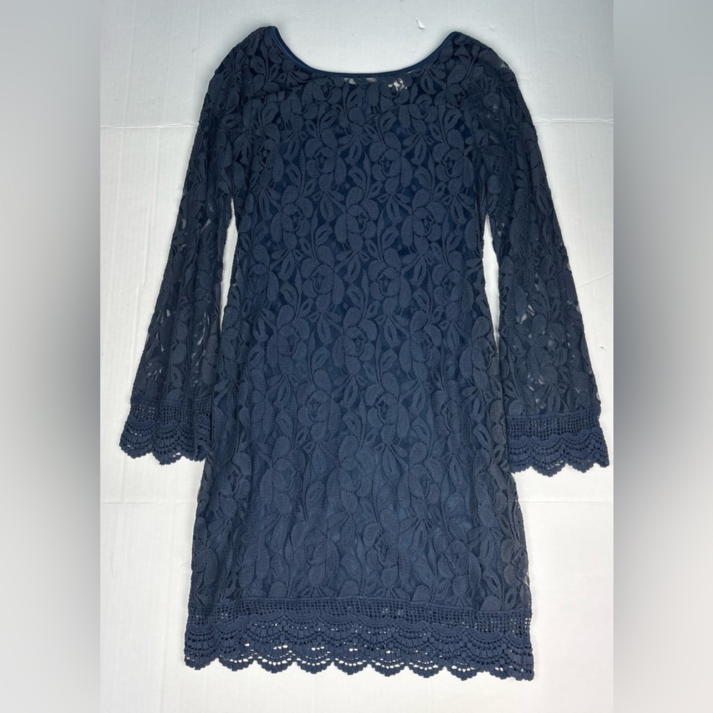 Ultra Pink Women Medium Dress Blue Lace Layered Fitted Sheer Sleeve Cotton Nylon